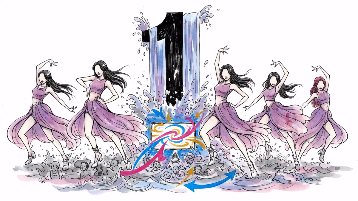Editorial illustration for: 르세라핌, 유튜브 트렌딩 1위의 이면: 4세대 걸그룹 생존 공식이 바뀌고 있다