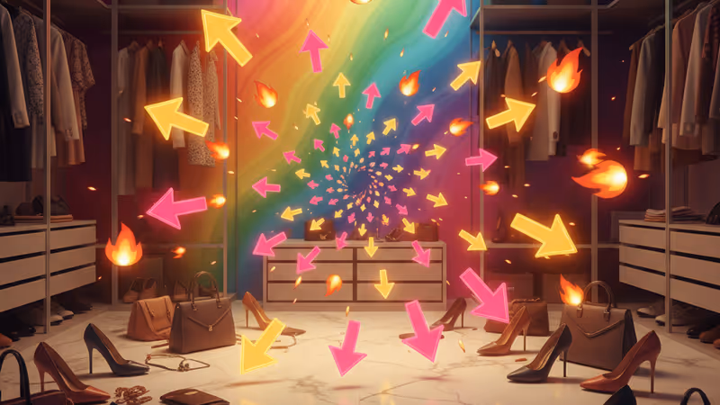 Chaotic interior of a celebrity walk-in closet with clothes and shoes on the floor