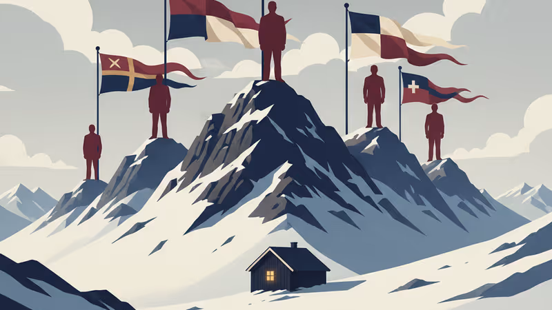 佇立在雪原中的瑞典紅木屋，寒冷的景象象徵著正在變遷的社會。