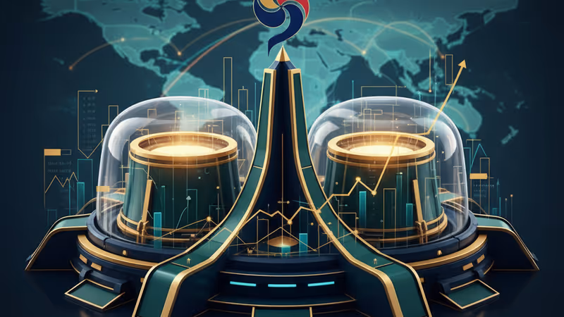 The Dukovany nuclear power plant in the Czech Republic with financial growth icons.