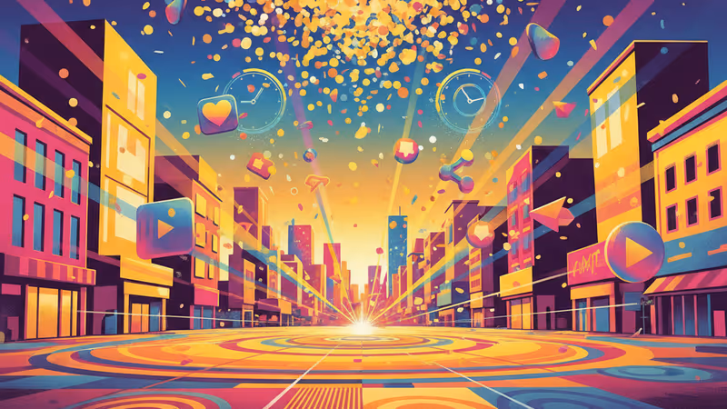 Crowded city square at midnight with golden confetti celebrating the New Year