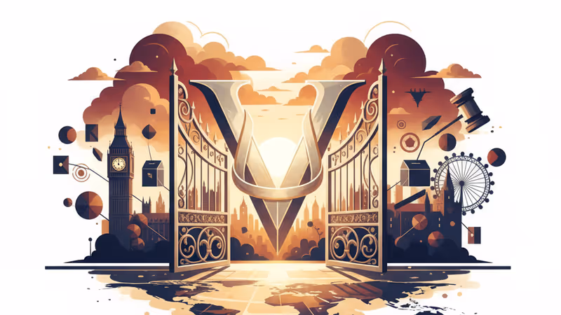 London skyline with an open gate symbolizing freedom