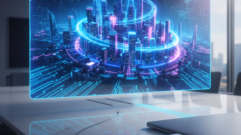 A Belkin wireless HDMI transmitter connected to a laptop with a large screen in the background.