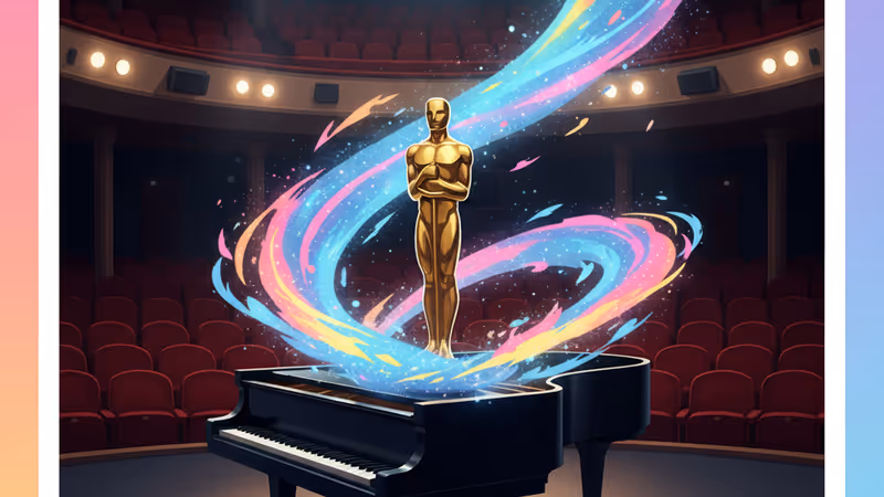 황금빛 오스카 트로피와 마법 같은 빛이 감도는 피아노 건반