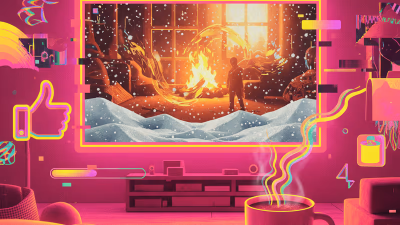 冬の夜、自宅で映画を楽しむ落ち着いたリビングの風景