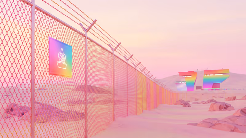 霧に包まれた山の麓にある、錆びた鎖で封鎖された古い鉄門