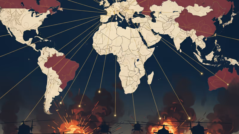 美軍直升機於夜間飛越委內瑞拉首都卡拉卡斯，市中心升起濃煙