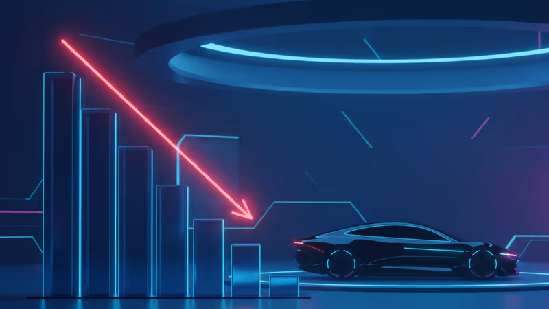 Declining sales chart next to a Tesla vehicle silhouette