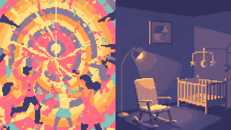 A contrast between vibrant Halloween party lights and a quiet, dark nursery