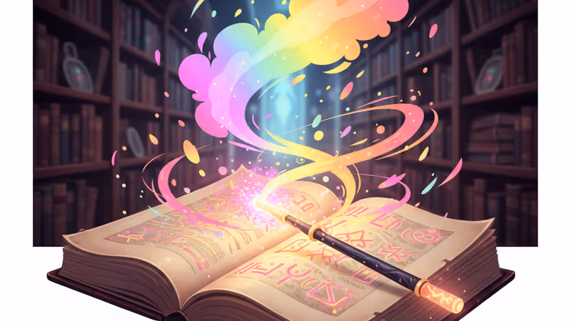 古い本の上に置かれた光り輝く魔法の杖