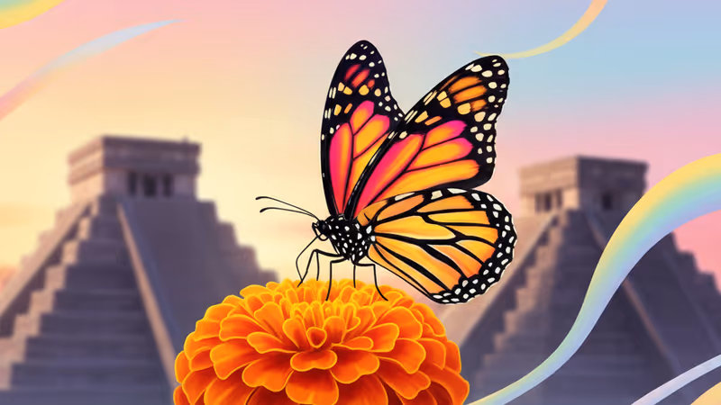 メキシコの古代遺跡と自然の風景のコラージュ