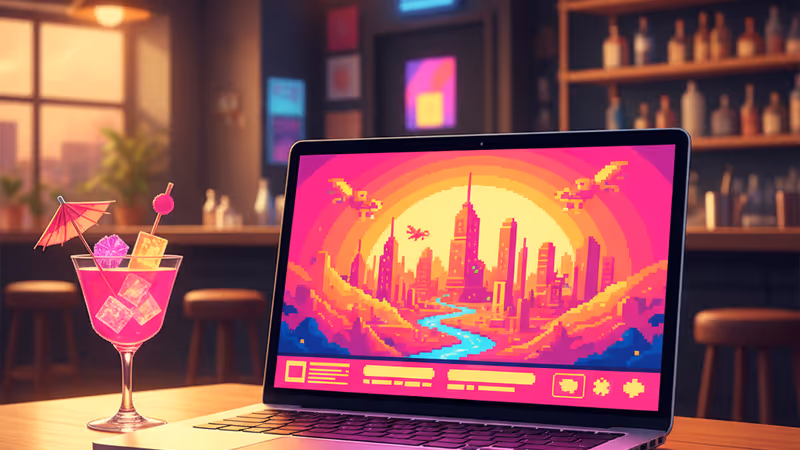 在墨西哥餐廳酒吧一邊喝調酒一邊對著電腦大聲開會的男性，以及身旁安靜坐著的服務犬。