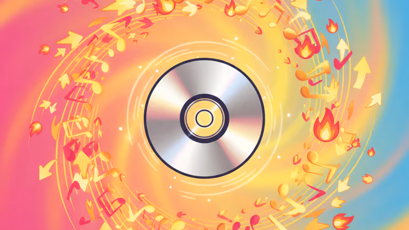 A musical image featuring a spinning CD and golden notes