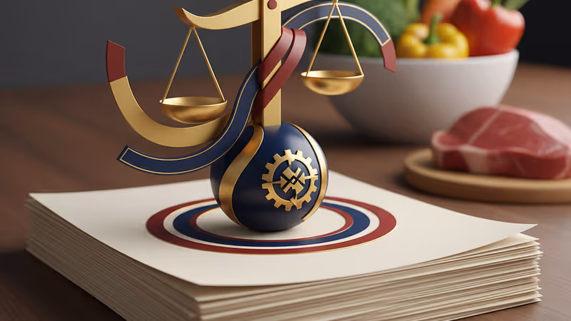 목재 책상 위에 놓인 미국 식생활 지침서와 신선한 채소 및 고기