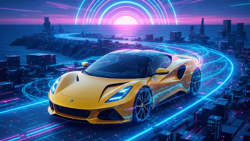 해안 도로를 달리는 노란색 로터스 에미라 V6 스포츠카