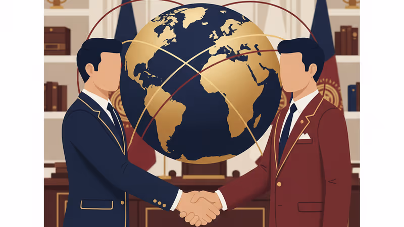 以喜馬拉雅山脈為背景，象徵中印外交關係正常化的示意圖