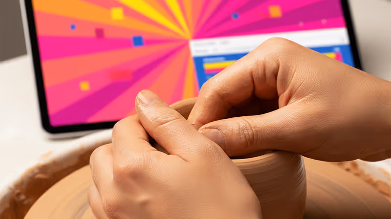 木製のテーブルで粘土を形作る手と柔らかな日光