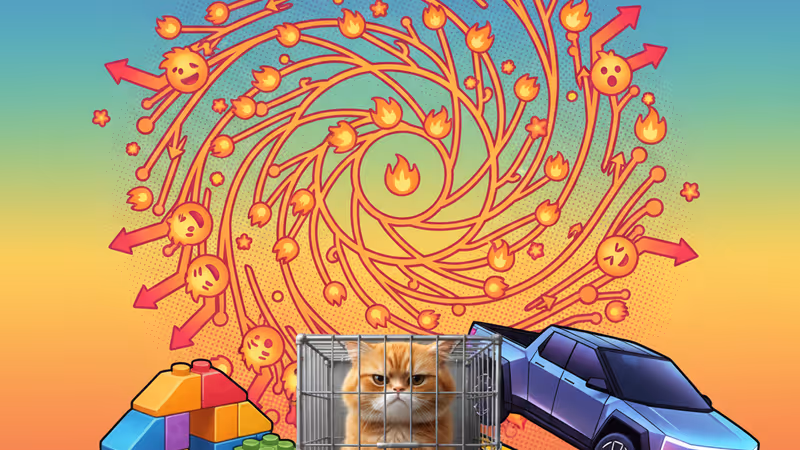 Humorous image featuring a LEGO set, a cat, and a Cybertruck.