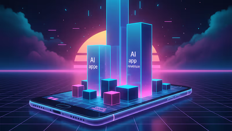 스마트폰 화면에서 게임 아이콘보다 높게 솟아오른 AI 앱 매출 데이터 그래프