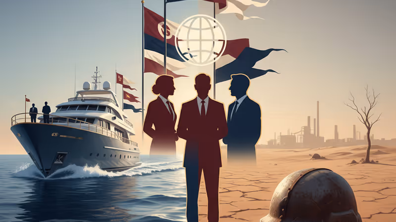 말라버린 땅 위에 놓인 군사 헬멧과 부의 대조적 이미지