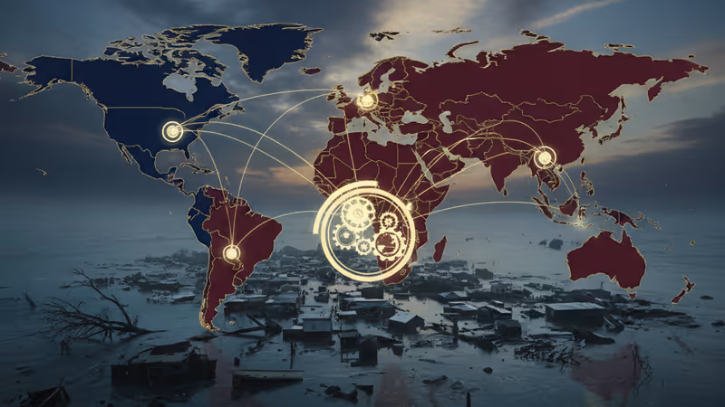 Aerial view of a village submerged by global floods in 2025