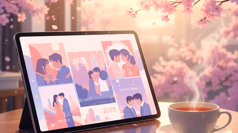 따뜻한 조명 아래 드라마가 상영 중인 화면 전경