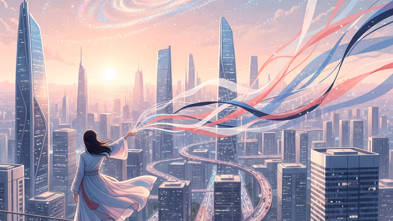 석양을 바라보는 인물의 뒷모습과 도시 전경