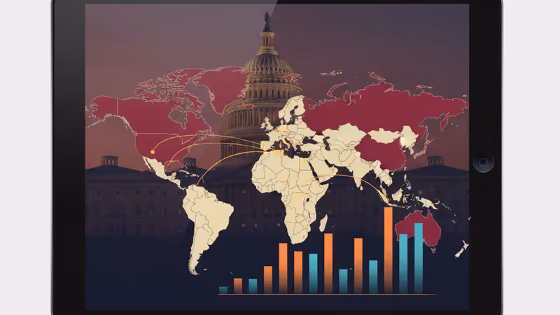 미국 국회의사당 실루엣을 배경으로 경제 지표 차트가 표시된 태블릿 화면