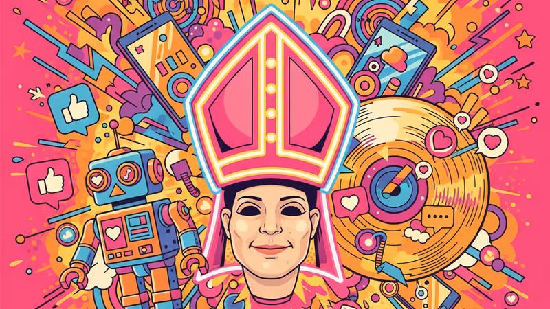 교황 관과 라부부 인형, 레코드판이 섞인 화려한 2025년 팝 컬처 콜라주