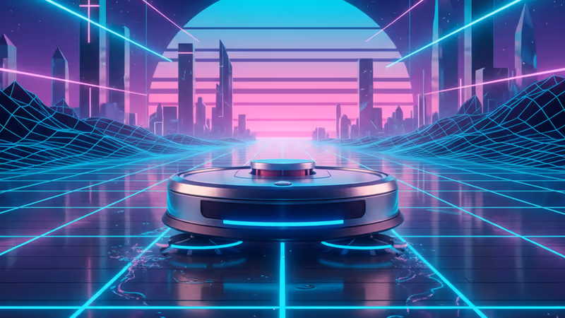 거실의 나무 바닥을 닦고 있는 최신형 로봇청소기의 모습