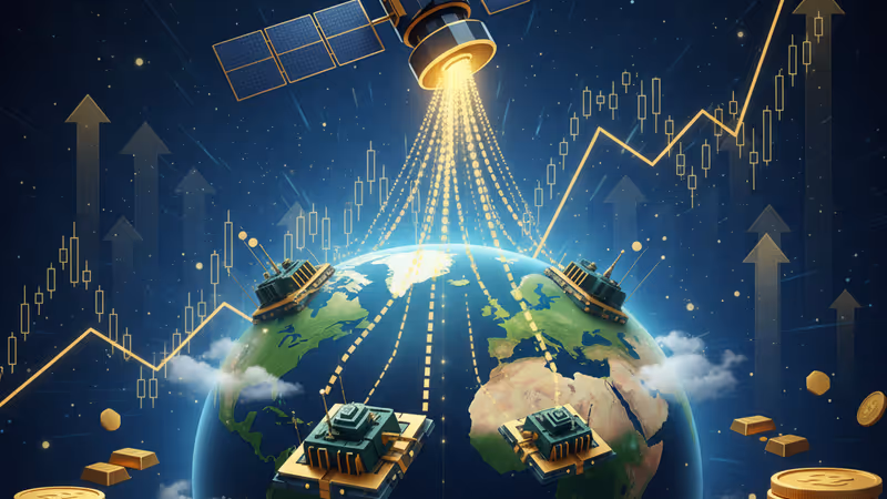 地球を周回する次世代衛星とデータ通信のイメージ