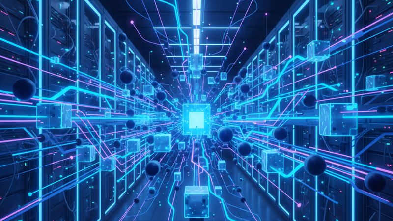 미래형 데이터 센터의 푸른 데이터 흐름과 메모리 모듈