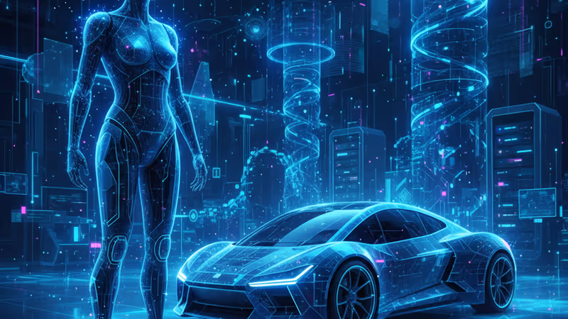 Humanoid robot and autonomous vehicle in a futuristic lab