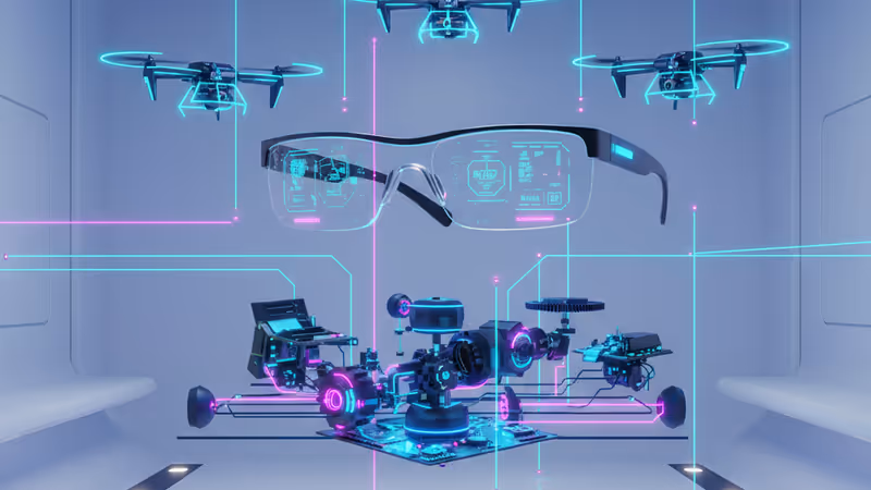스마트 글래스와 로봇 팔이 공존하는 미래적인 기술 연구소 전경