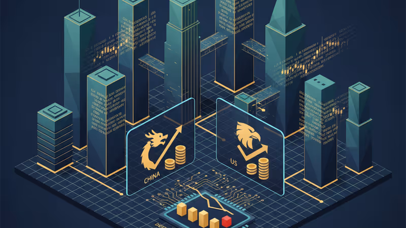 중국 도심 배경의 하향 곡선 그래프와 비즈니스 환경