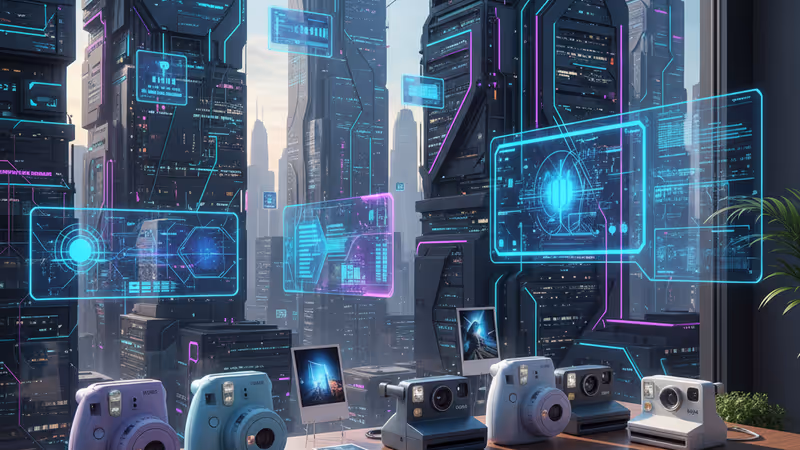 Atmospheric view of various modern instant cameras on a desk with printed photos.