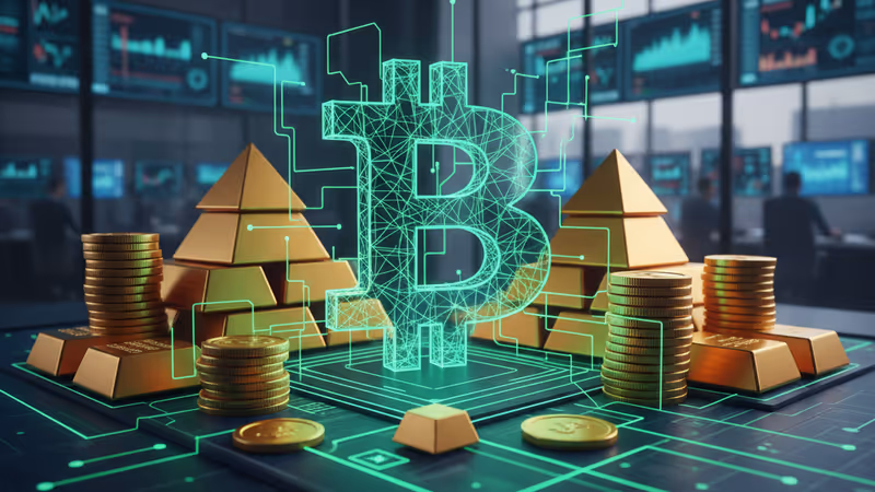 Digital financial flows merging into a Bitcoin symbol