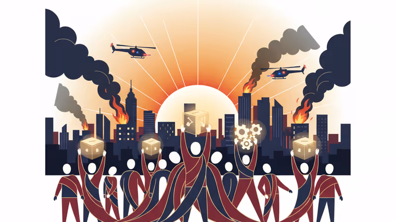 夜のカラカス市街地から上がる煙とヘリコプターの影