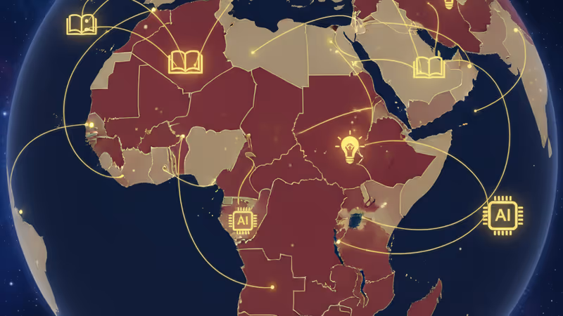 아프리카 대륙 위에 겹쳐진 AI 네트워크와 문화 교류 상징