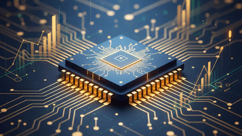 Close-up of a glowing semiconductor chip with circuits