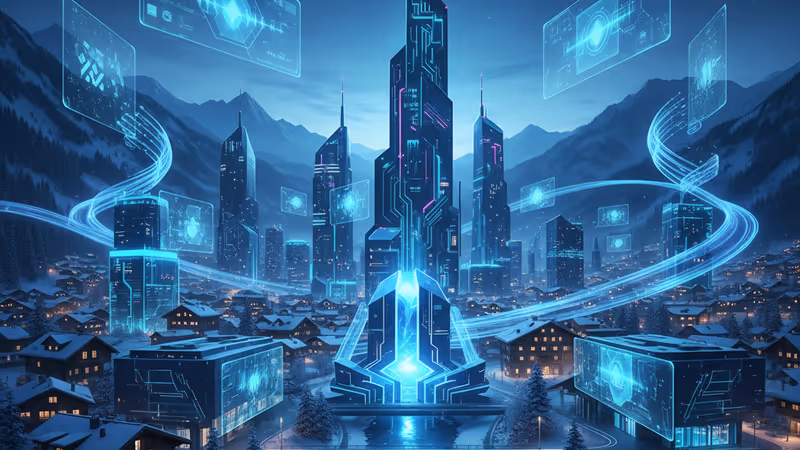 눈 덮인 다보스 마을 전경과 기술적 연결성을 상징하는 그래픽