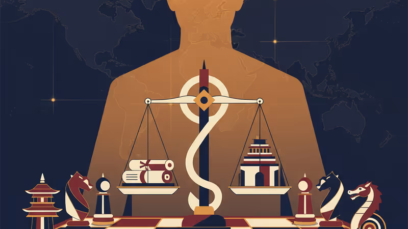 아시아 지도와 전략적 체스판 위의 도널드 트럼프 실루엣