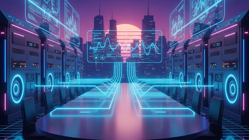 미래형 AI 데이터 센터와 산업용 기계가 연결된 모습