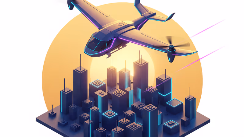 夕暮れの近代的な都市上空を飛ぶ空飛ぶタクシー