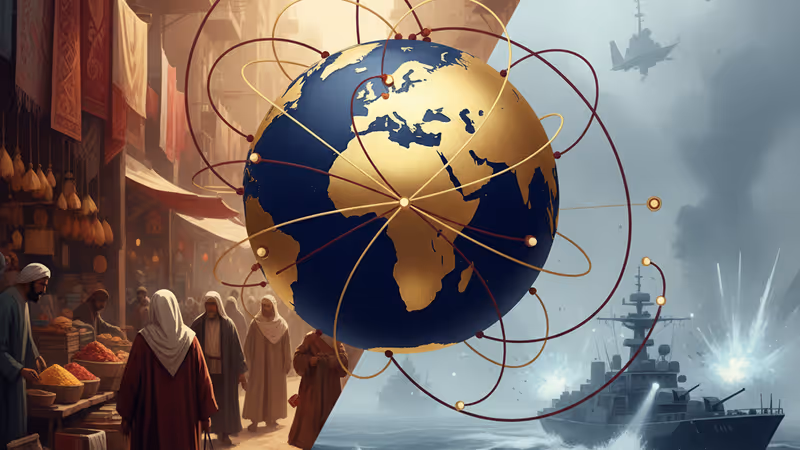 経済困窮と軍事的緊張が交差する地政学的状況のイメージ