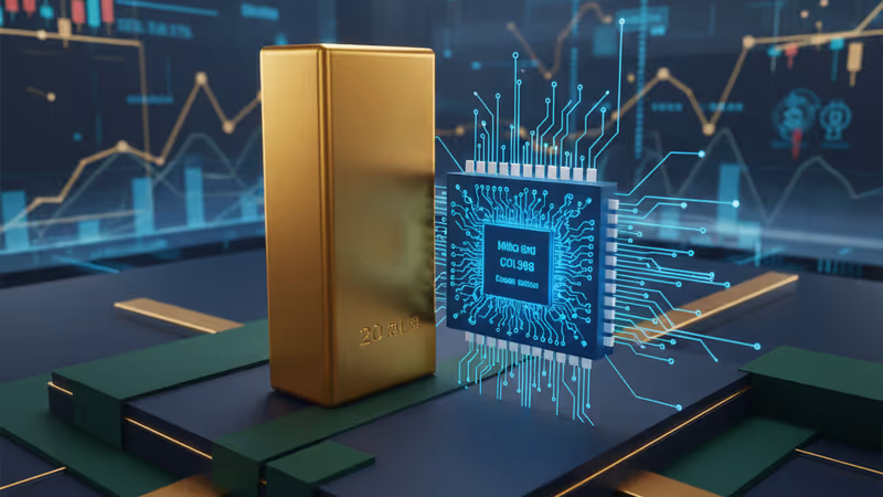금괴와 AI 칩이 놓여 있는 디지털 주식 차트 배경