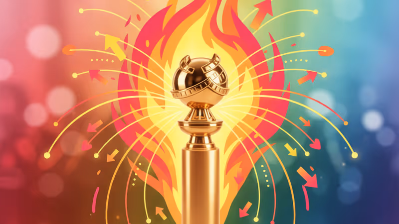 황금빛 골든글로브 트로피가 놓인 시상식 배경