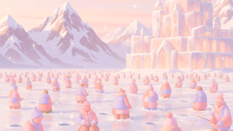 凍った川の上で氷釣りを楽しむ大勢の観光客と華川の冬景色