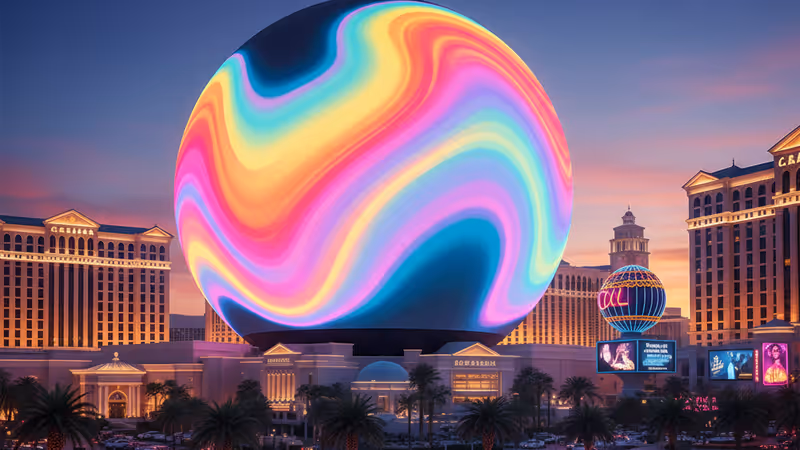 拉斯維加斯霓虹閃爍的街道與現代化演唱會場館全景