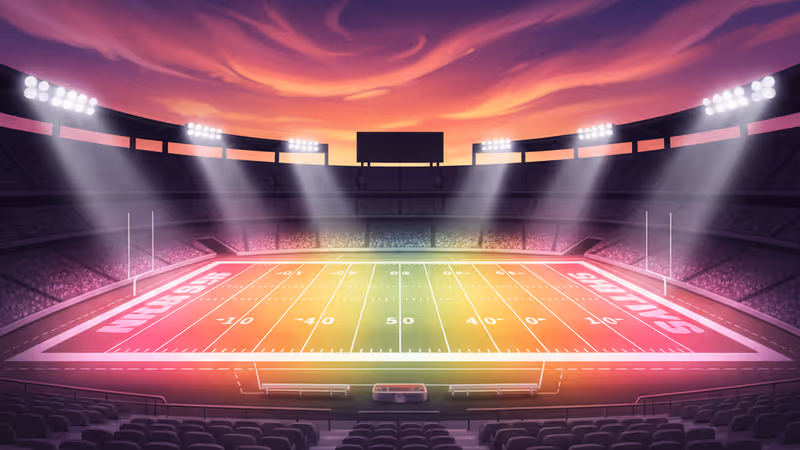 燈火通明的美式足球場與球門柱，展現賽季末緊張氣氛